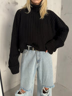Turtleneck Fitilli Black Crop Sweater