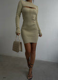 Turtleneck Bust Cut-Out Beige Knit Dress
