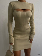 Turtleneck Bust Cut-Out Beige Knit Dress