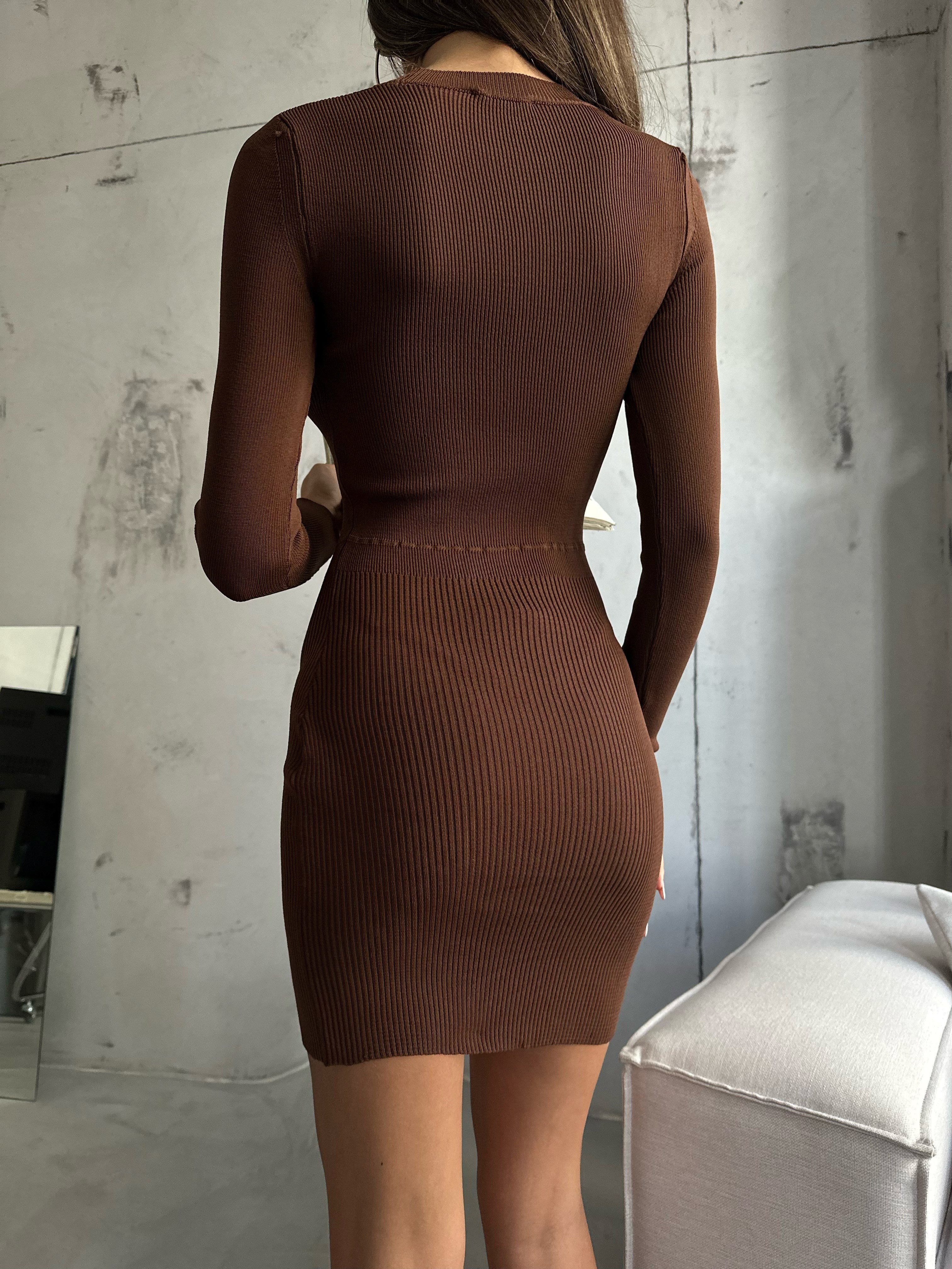 Turtleneck Bust Cut-Out Brown Knit Dress