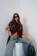 Turtleneck Sleeveless Brown Triko Poncho