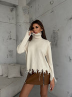 Turtleneck Laser Detail Beige Sweater