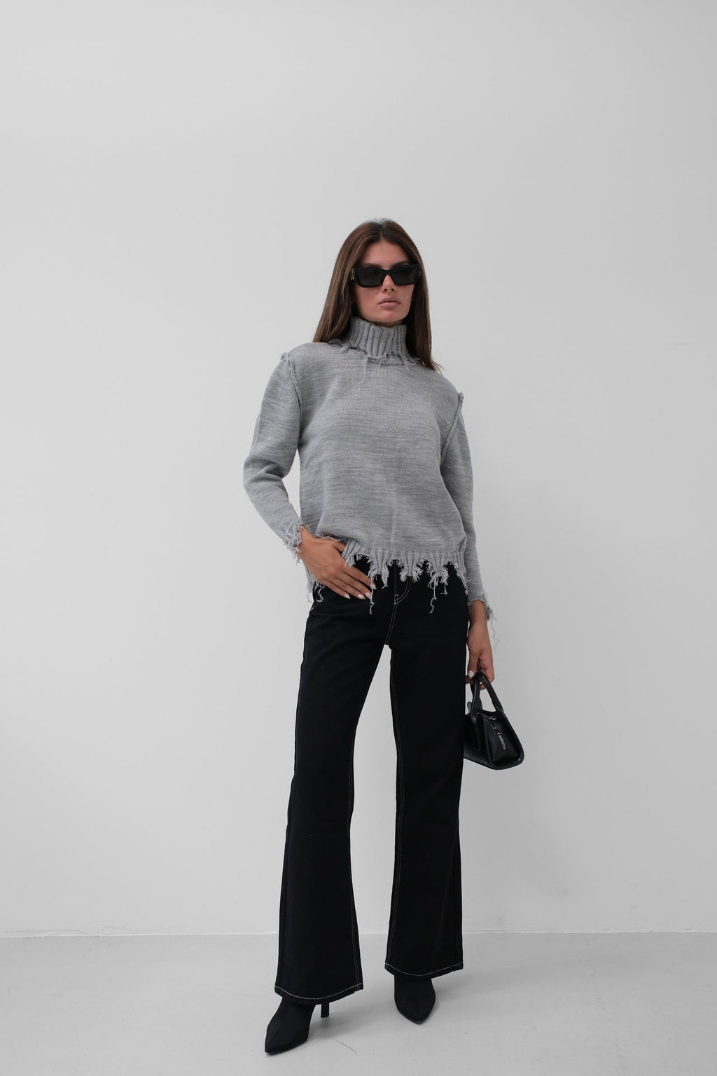 Turtleneck Laser Detail Gray Sweater