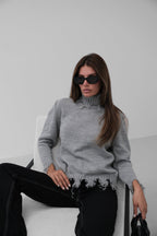 Turtleneck Laser Detail Gray Sweater