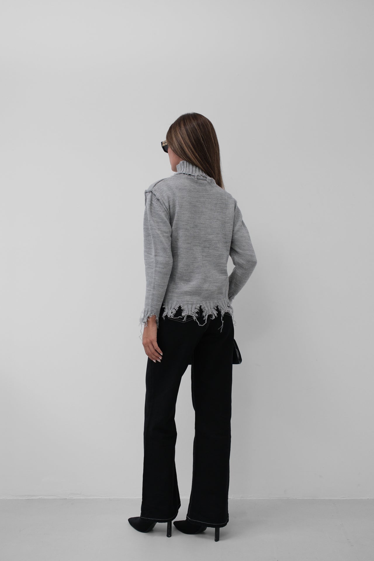 Turtleneck Laser Detail Gray Sweater