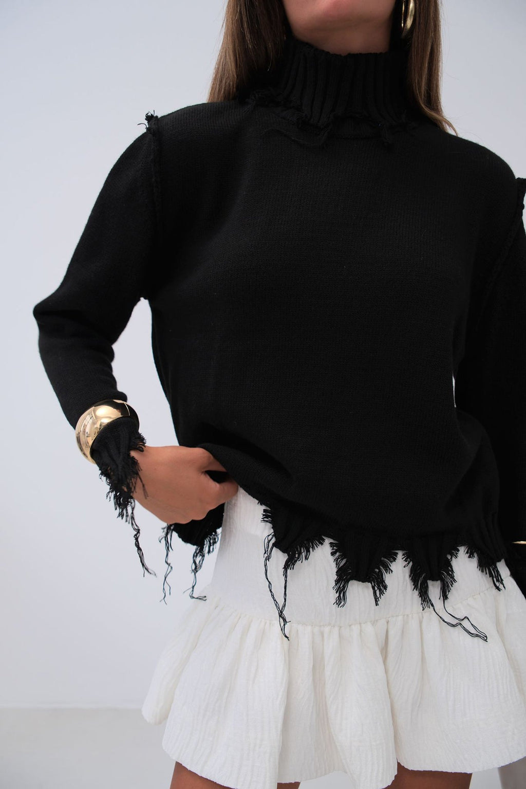 Turtleneck Laser Detail Black Sweater