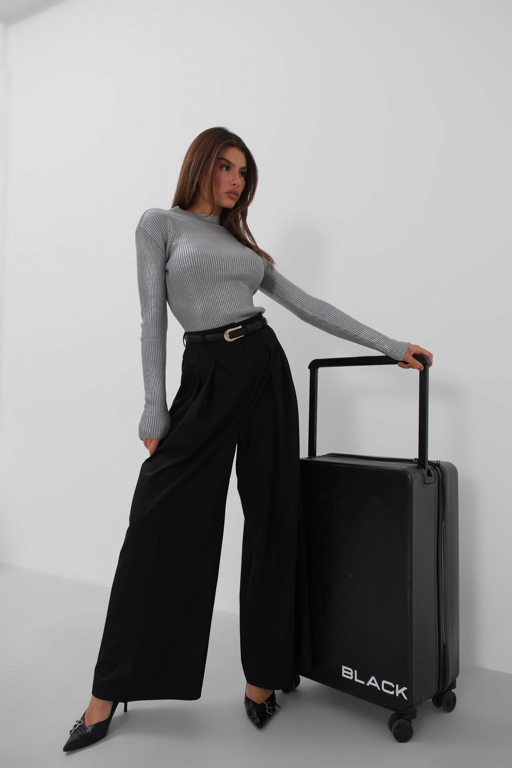 Turtleneck Metallic Gray Knit Blouse