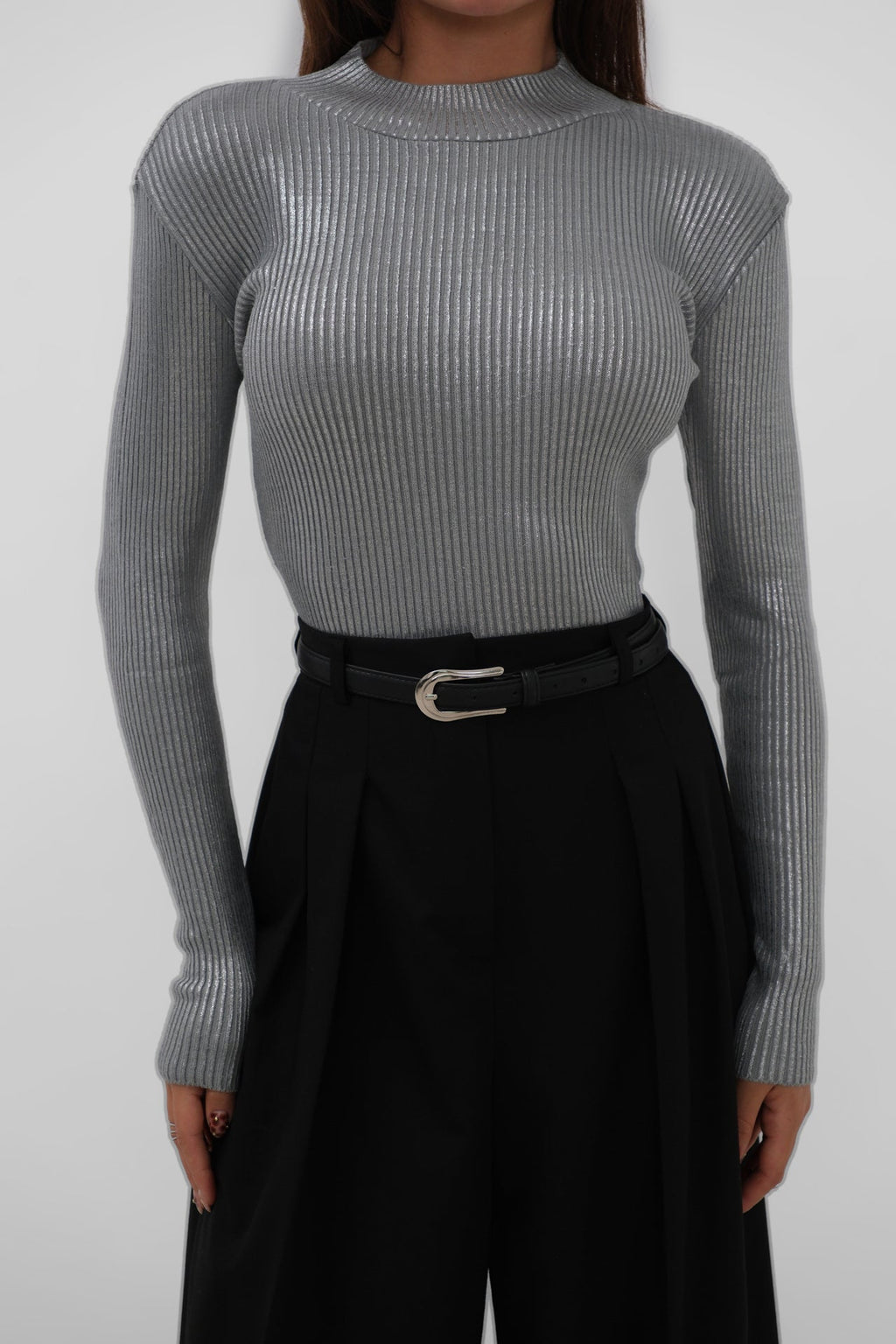Turtleneck Metallic Gray Knit Blouse