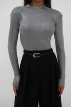 Turtleneck Metallic Gray Knit Blouse