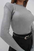 Turtleneck Metallic Gray Knit Blouse
