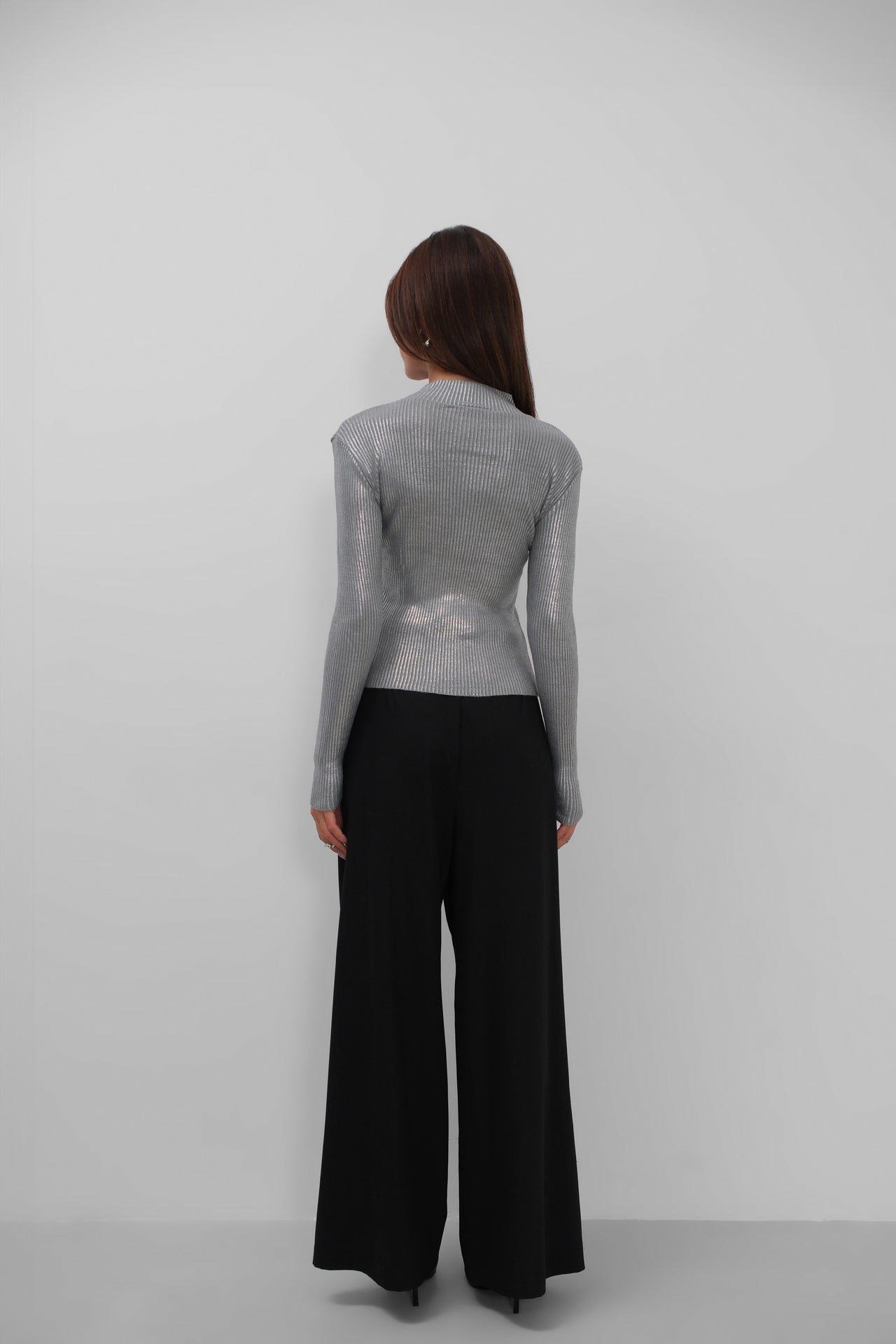 Turtleneck Metallic Gray Knit Blouse