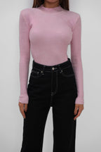 Turtleneck Metallic Pink Knit Blouse