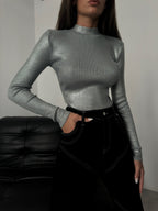 Turtleneck Metallic Gray Knit Blouse
