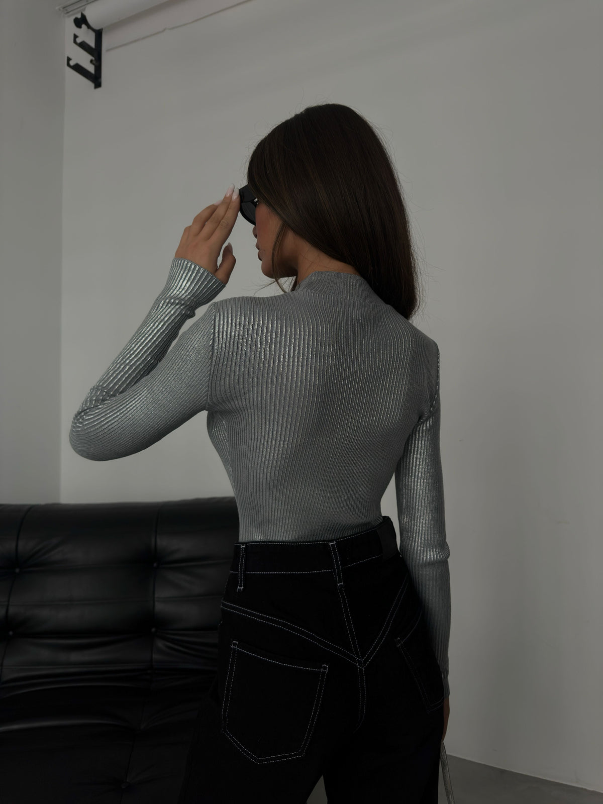 Turtleneck Metallic Gray Knit Blouse