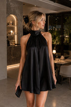 Turtleneck Open-Back Satin Black Mini Dress