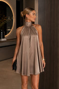 Turtleneck Open-Back Satin Ecru Mini Dress