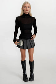 Black Turtleneck Sheer Blouse