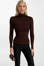 Brown Turtleneck Transparent Blouse