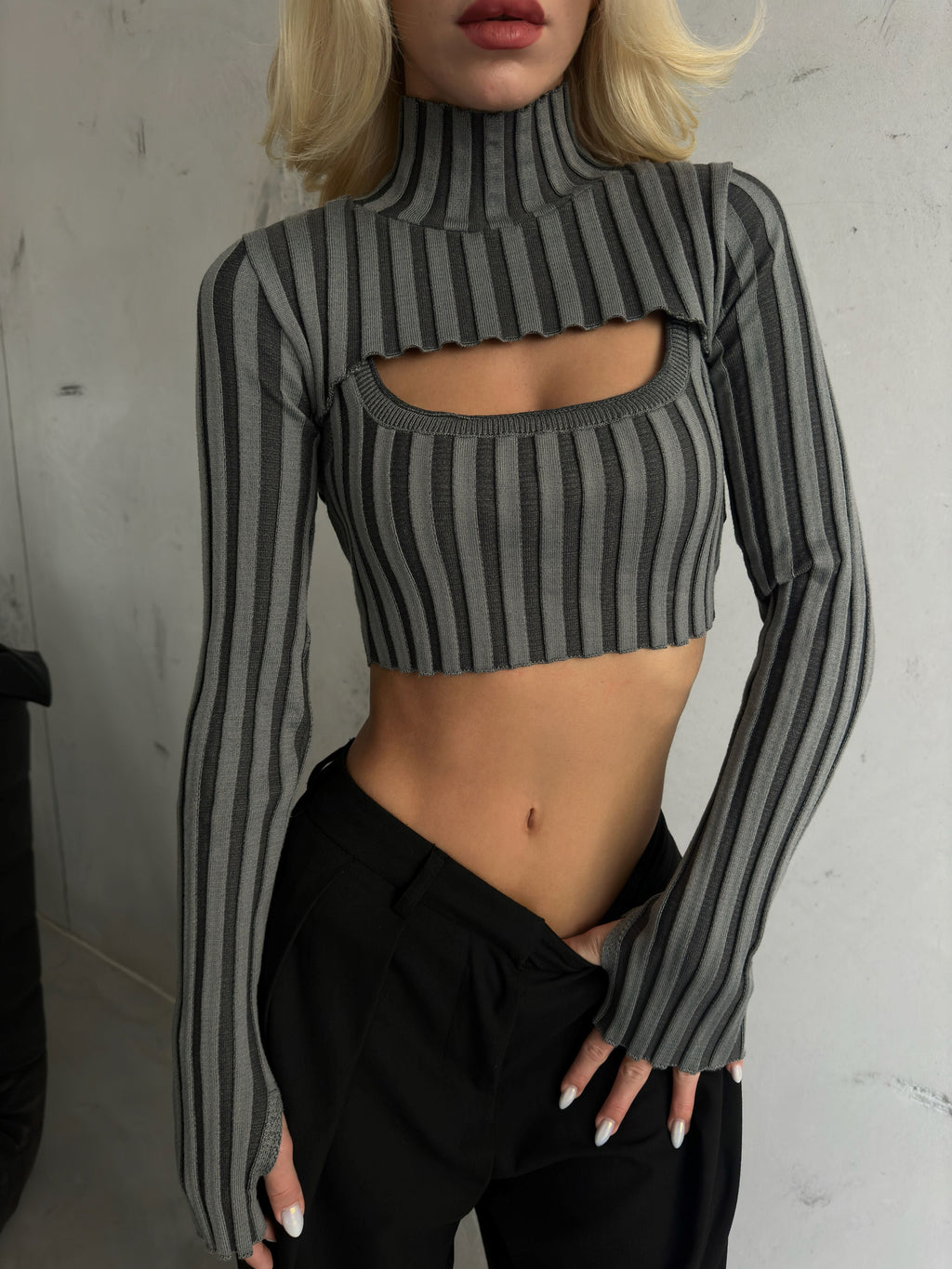 Turtleneck Gray Knit Crop Top