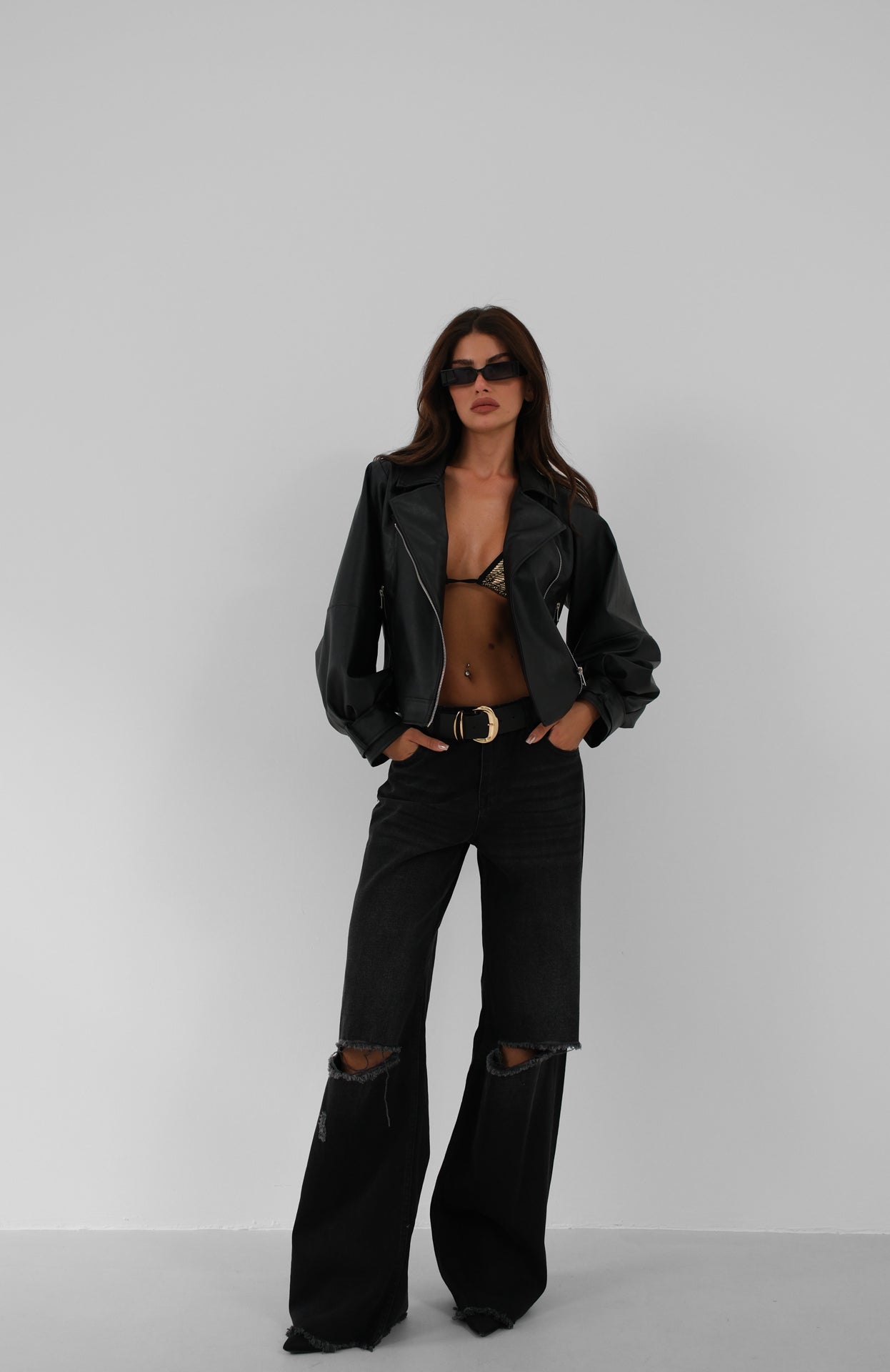 Balloon Sleeve Oversize Black Leather Jacket