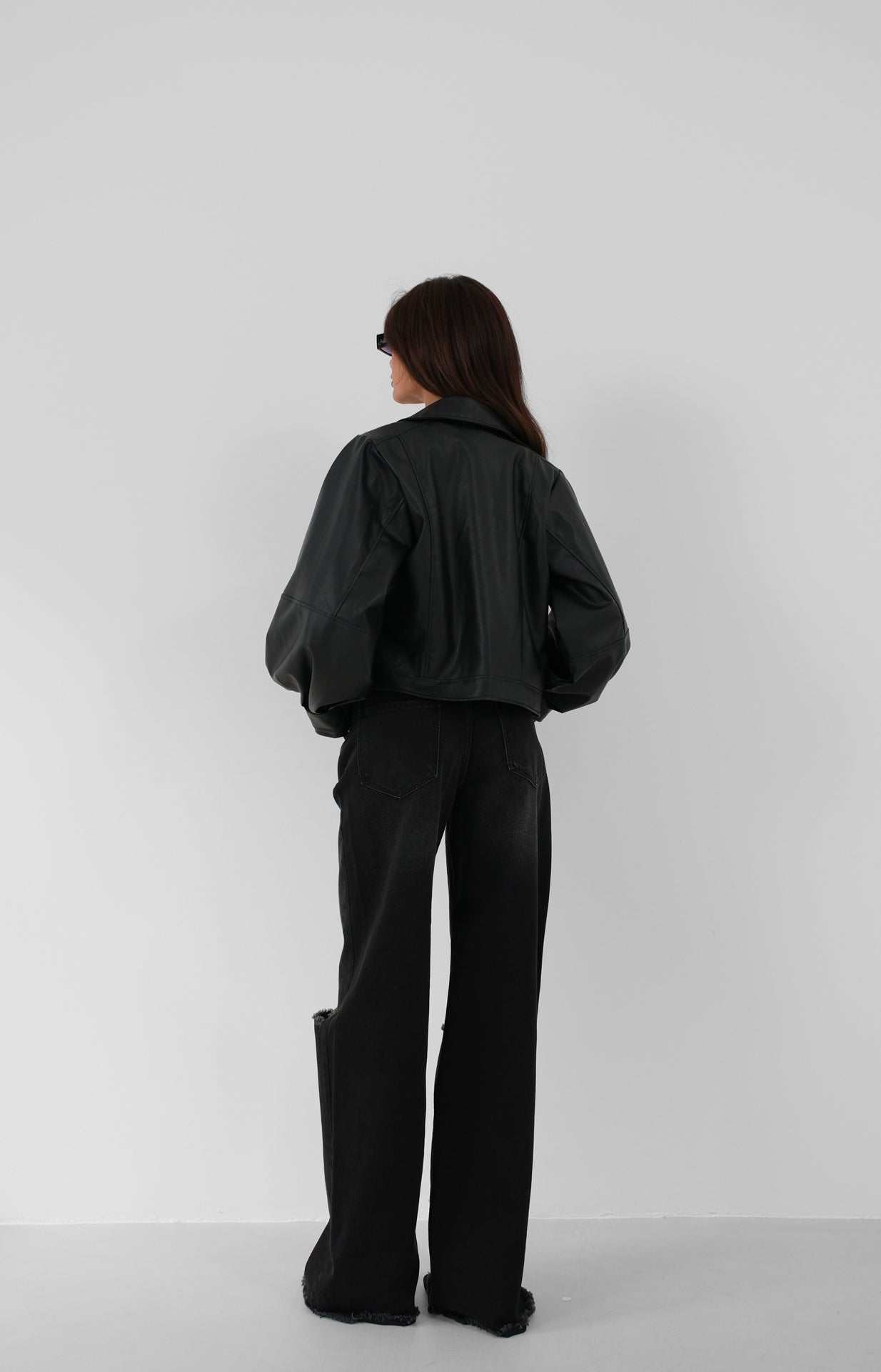 Balloon Sleeve Oversize Black Leather Jacket