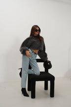 Balloon Sleeve Plush Gray Sweatshirt