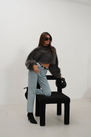 Balloon Sleeve Plush Gray Sweatshirt