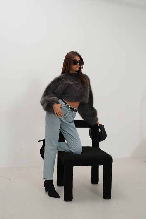 Balloon Sleeve Plush Gray Sweatshirt
