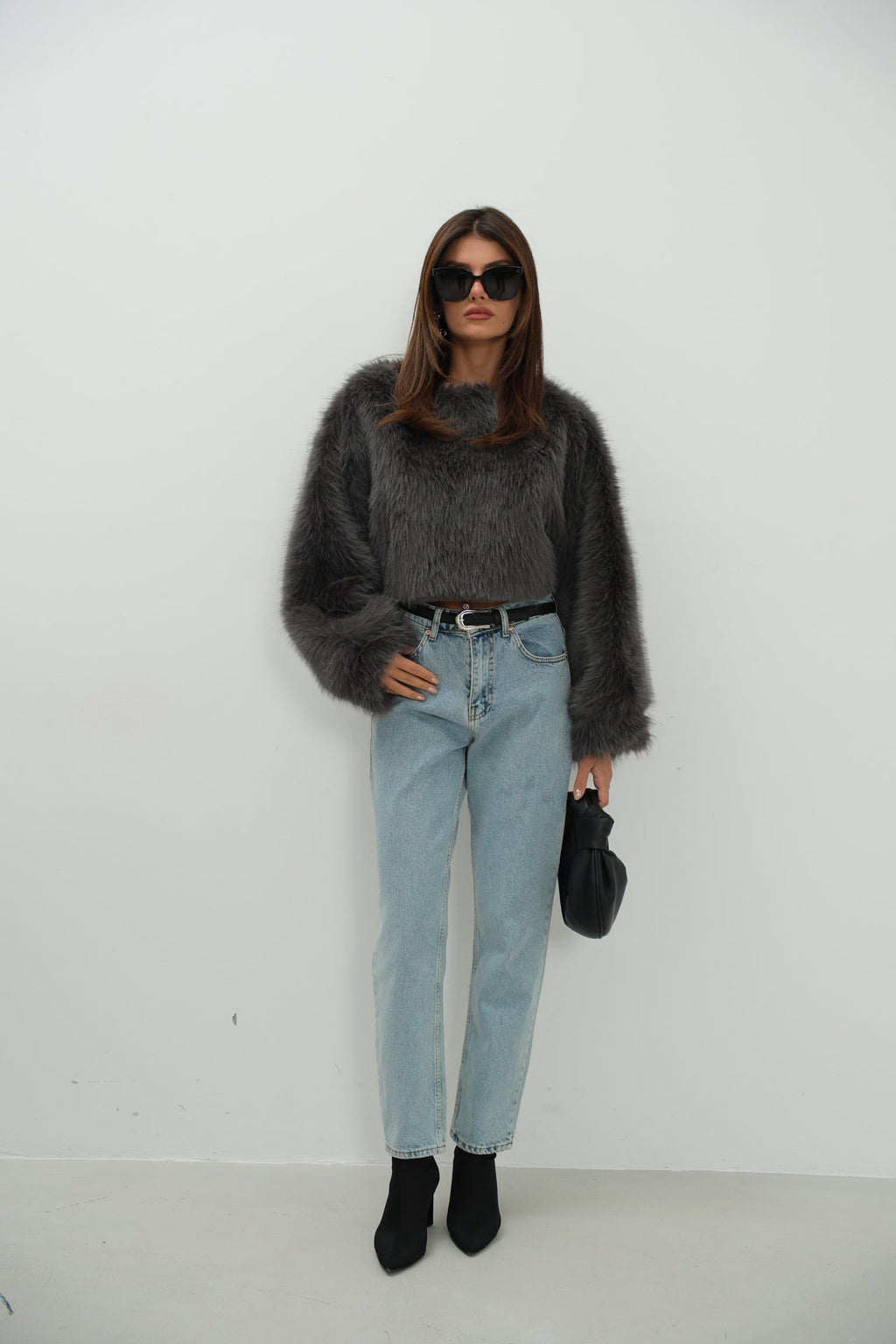 Balloon Sleeve Plush Gray Sweatshirt