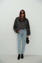 Balloon Sleeve Plush Gray Sweatshirt