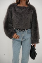 Balloon Sleeve Plush Gray Sweatshirt