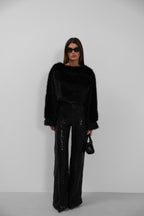 Balloon Sleeve Plush Black Sweatshirt