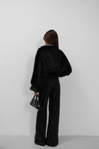 Balloon Sleeve Plush Black Sweatshirt