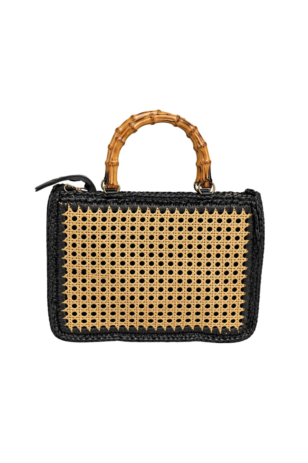 Bamboo Handle Woven Black Straw Bag