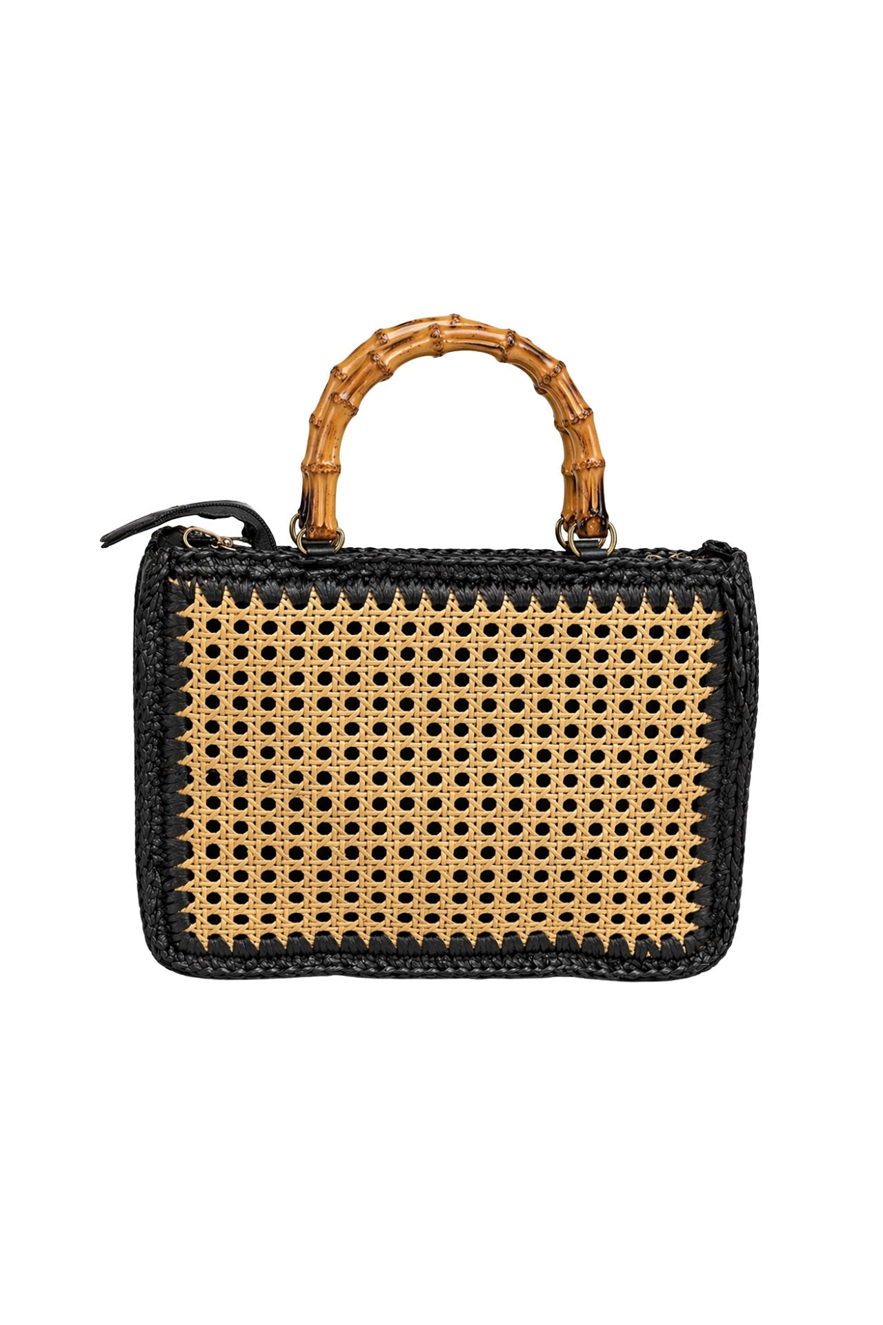 Bamboo Handle Woven Black Straw Bag