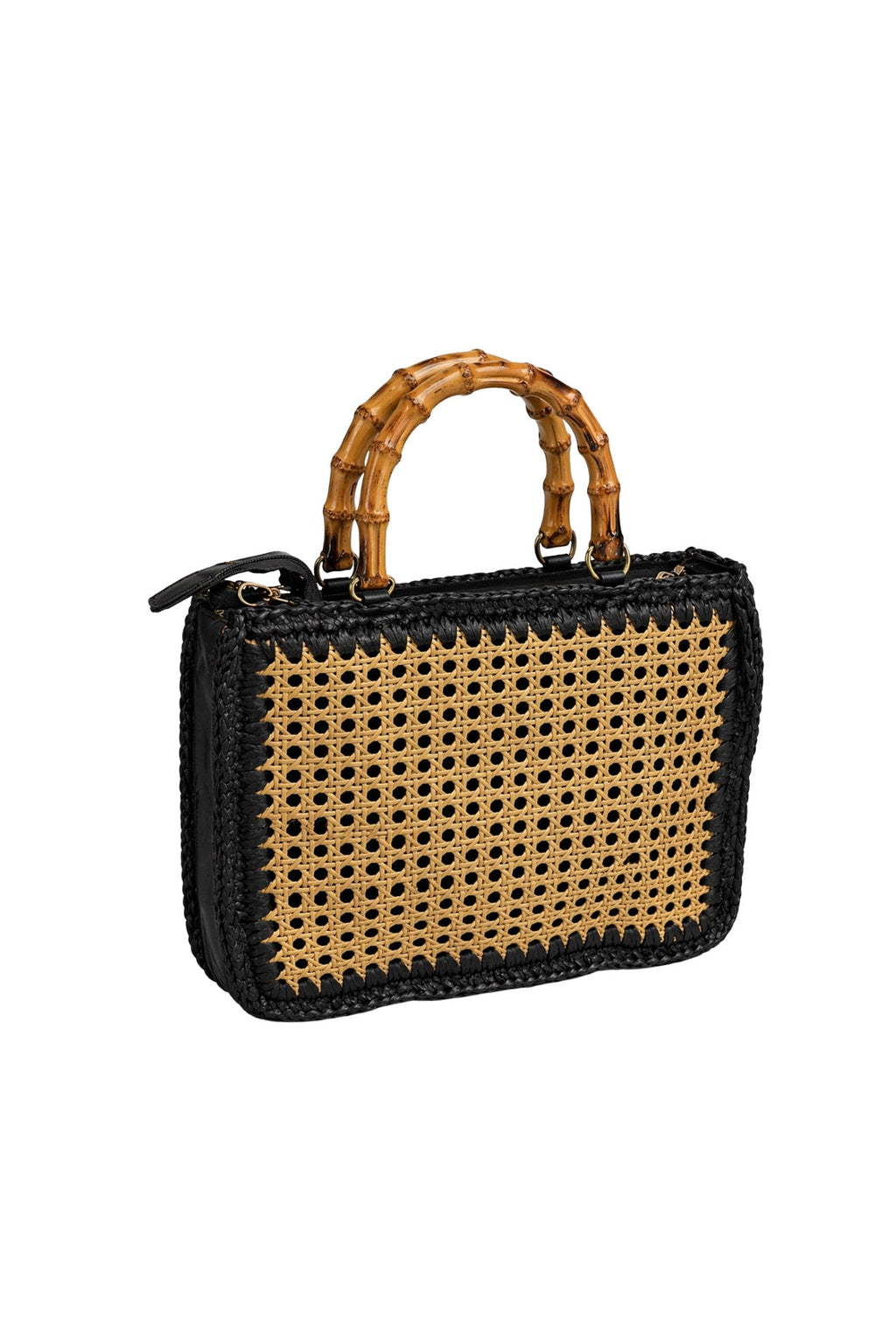 Bamboo Handle Woven Black Straw Bag