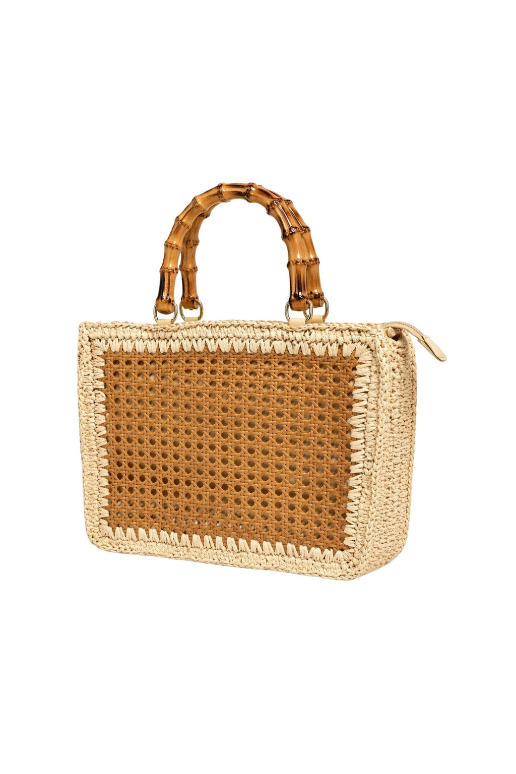 Bamboo Handle Woven Beige Straw Bag