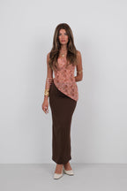 Printed Asymmetric Salmon Tulle Blouse