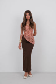 Printed Asymmetric Salmon Tulle Blouse