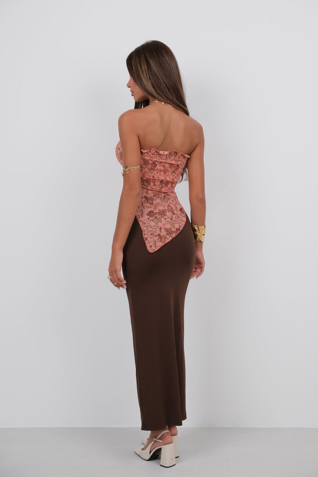 Printed Asymmetric Salmon Tulle Blouse