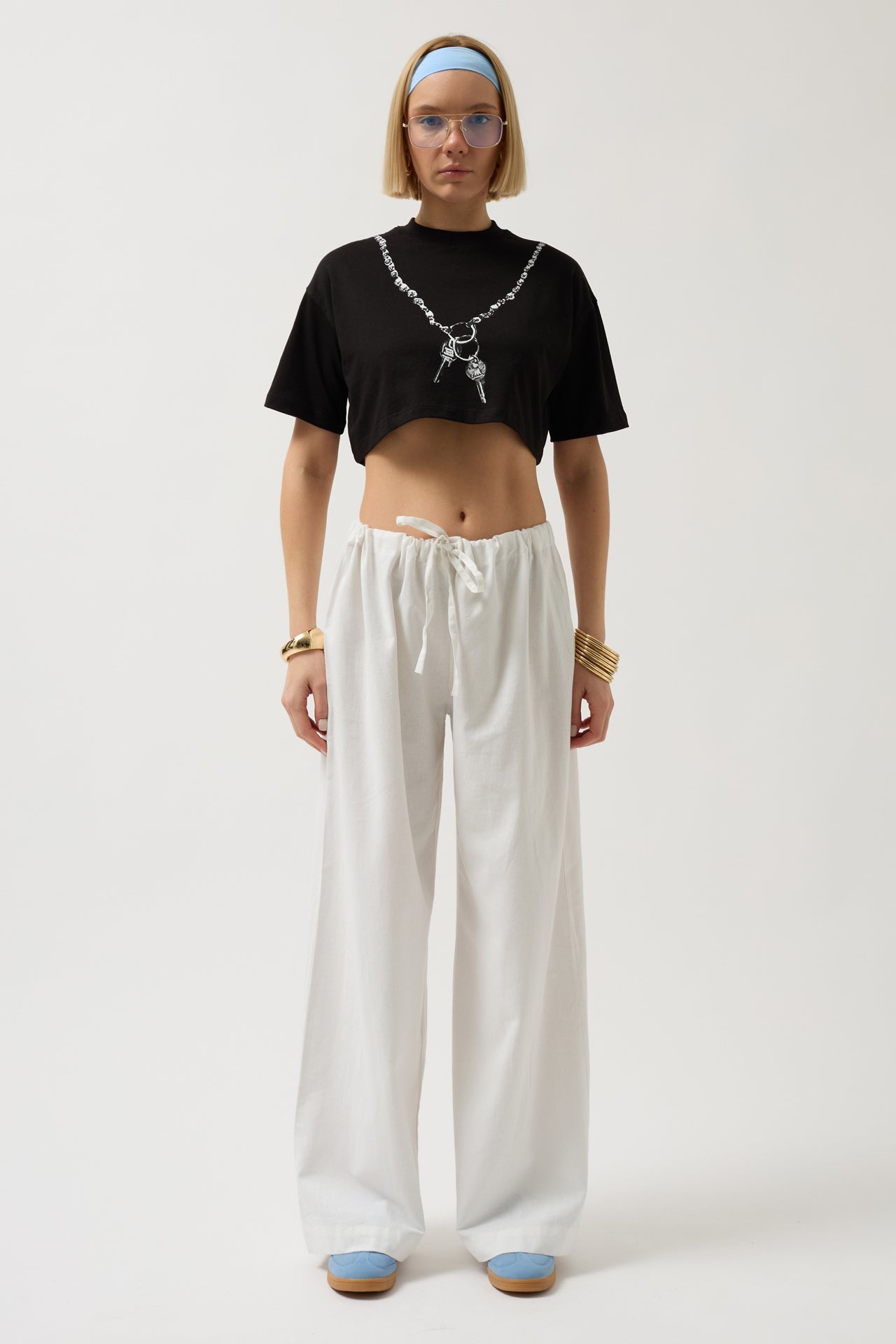 Chain Printed Crop Black T-Shirt
