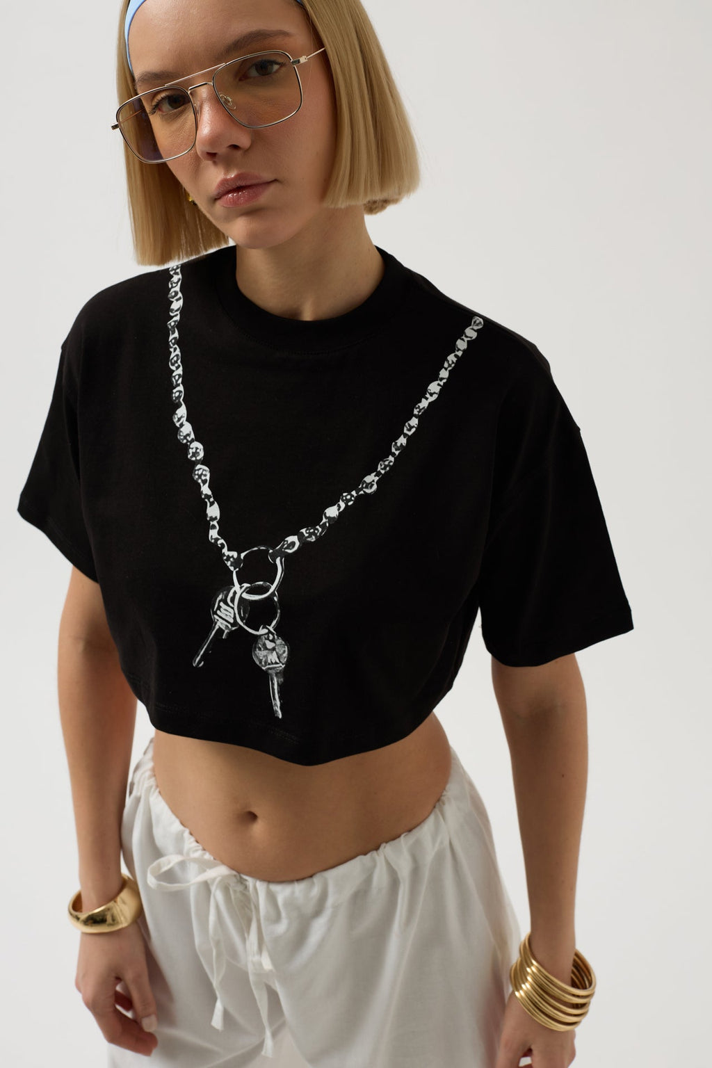 Chain Printed Crop Black T-Shirt