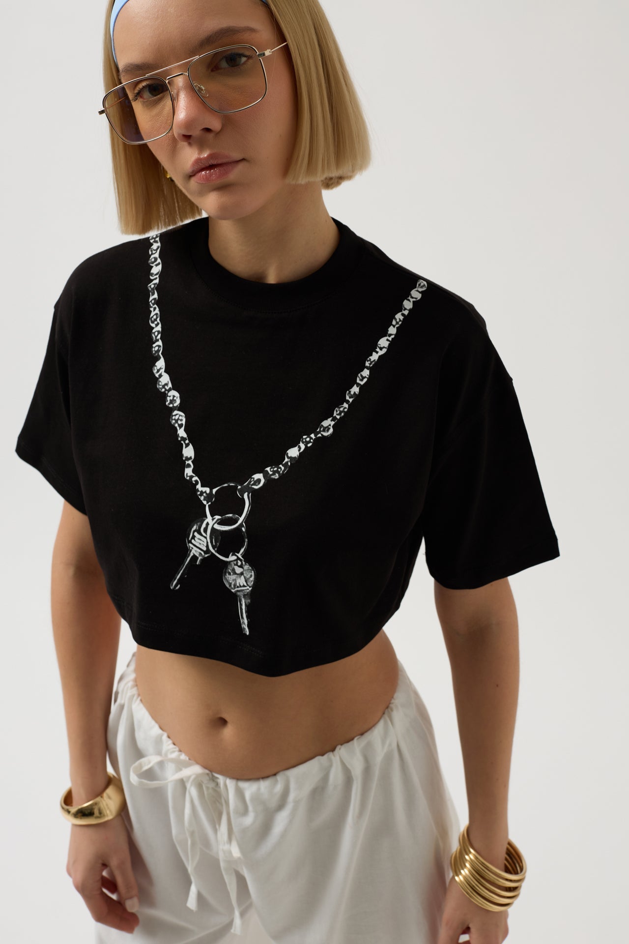 Chain Printed Crop Black T-Shirt