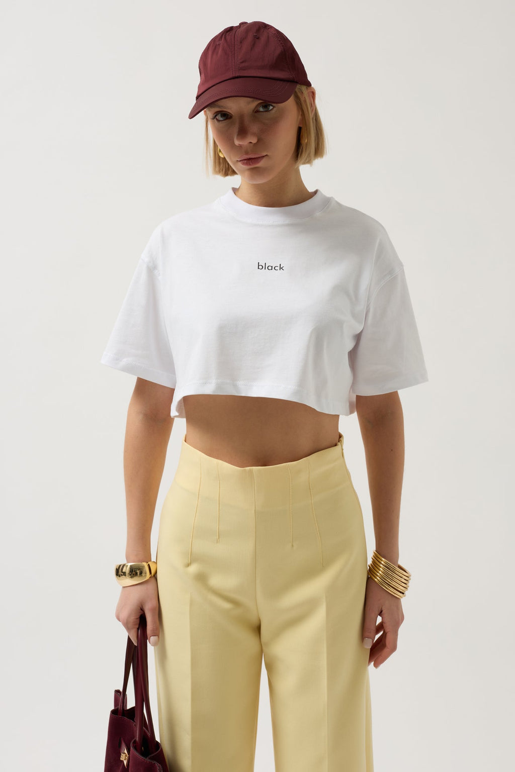 Black Printed Crop White T-Shirt