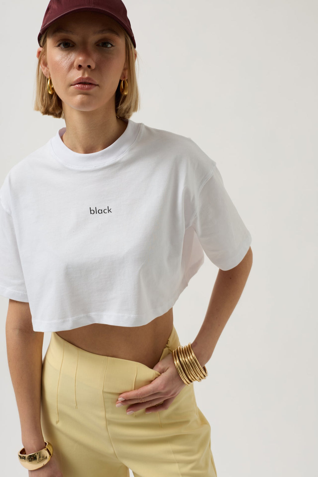 Black Printed Crop White T-Shirt