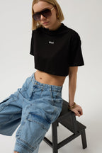 Black Printed Crop Black T-Shirt