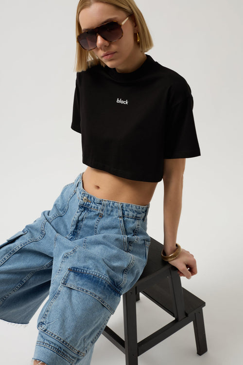 Black Printed Crop Black T-Shirt