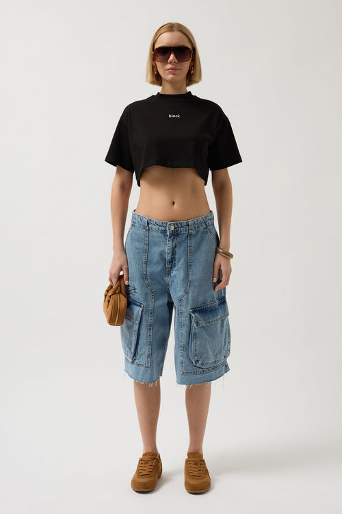 Black Printed Crop Black T-Shirt