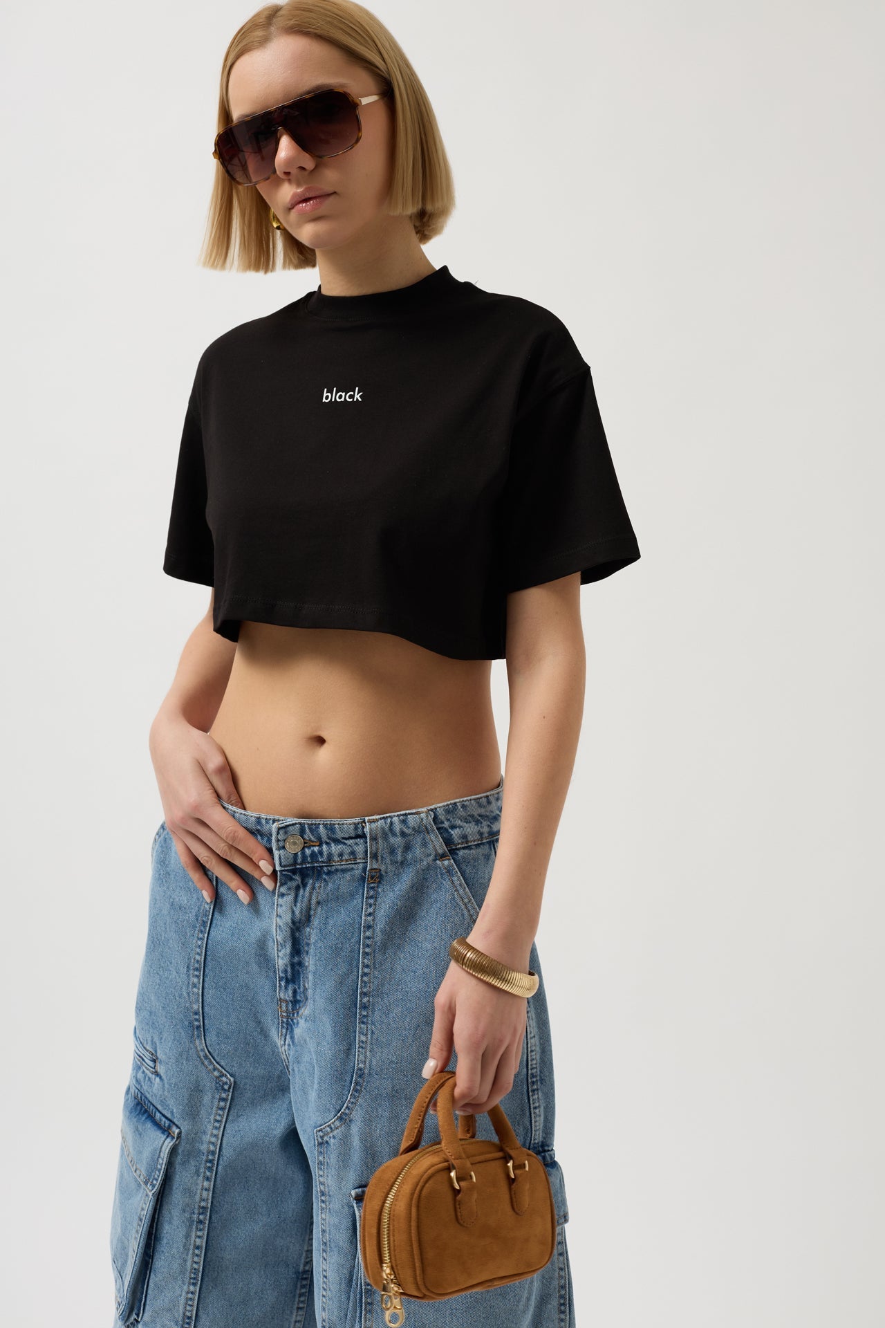 Black Printed Crop Black T-Shirt