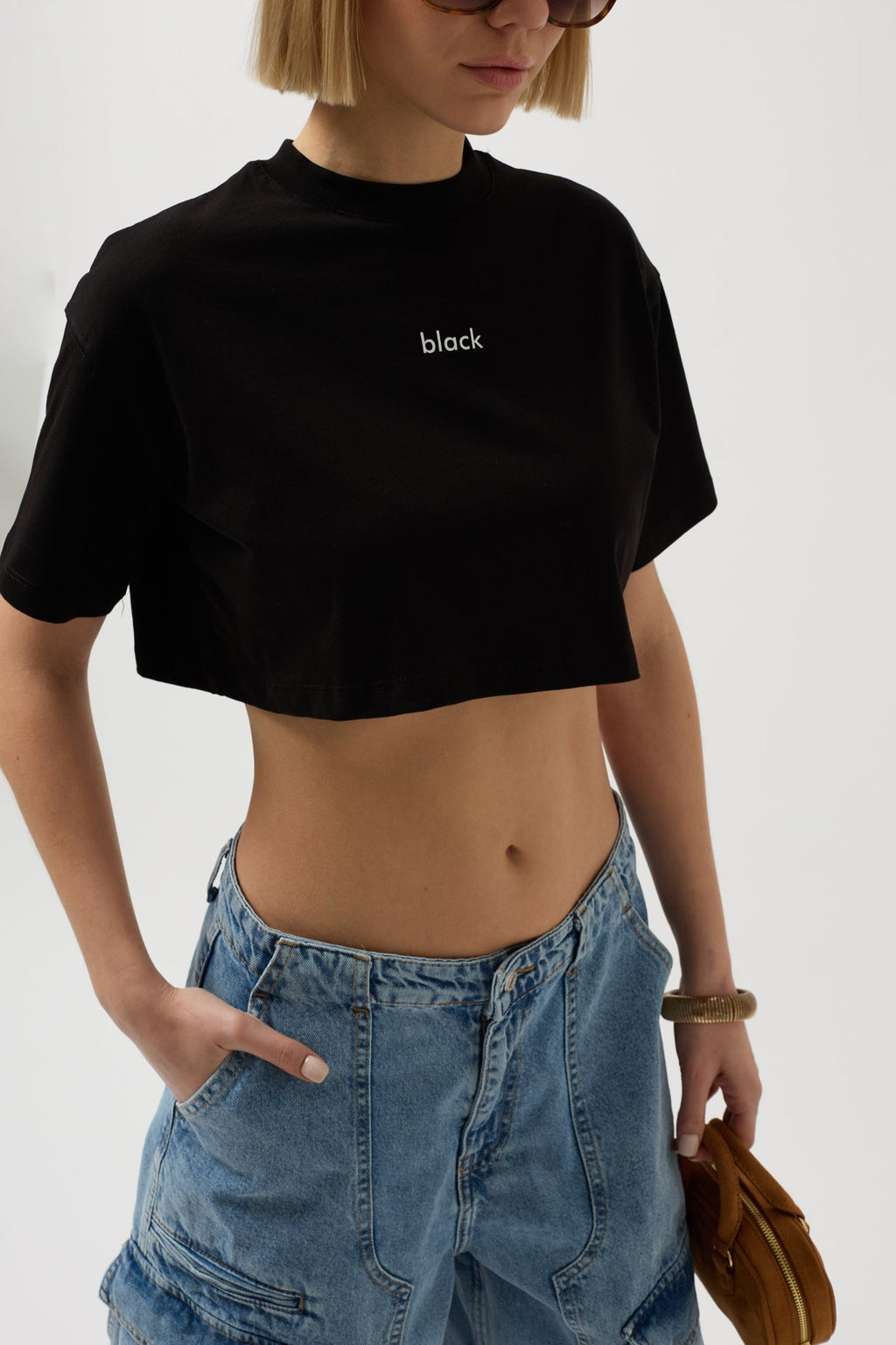 Black Printed Crop Black T-Shirt